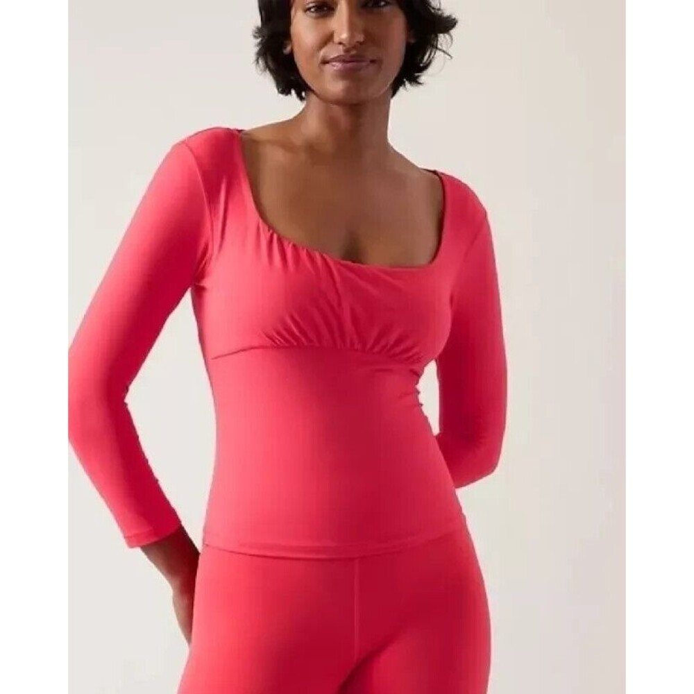 Athleta NWT Shanti Scoop Neck Top sz L Long Sleeve Stretch Coral Pink Yoga Dance